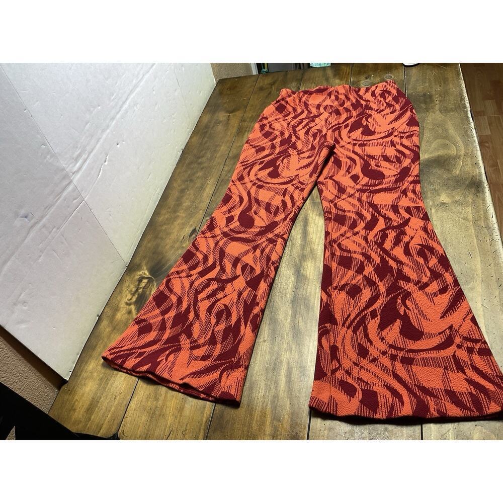 Anthropologie The Joni Pants Womens Large Orange Red Flare Retro Pattern *Alter